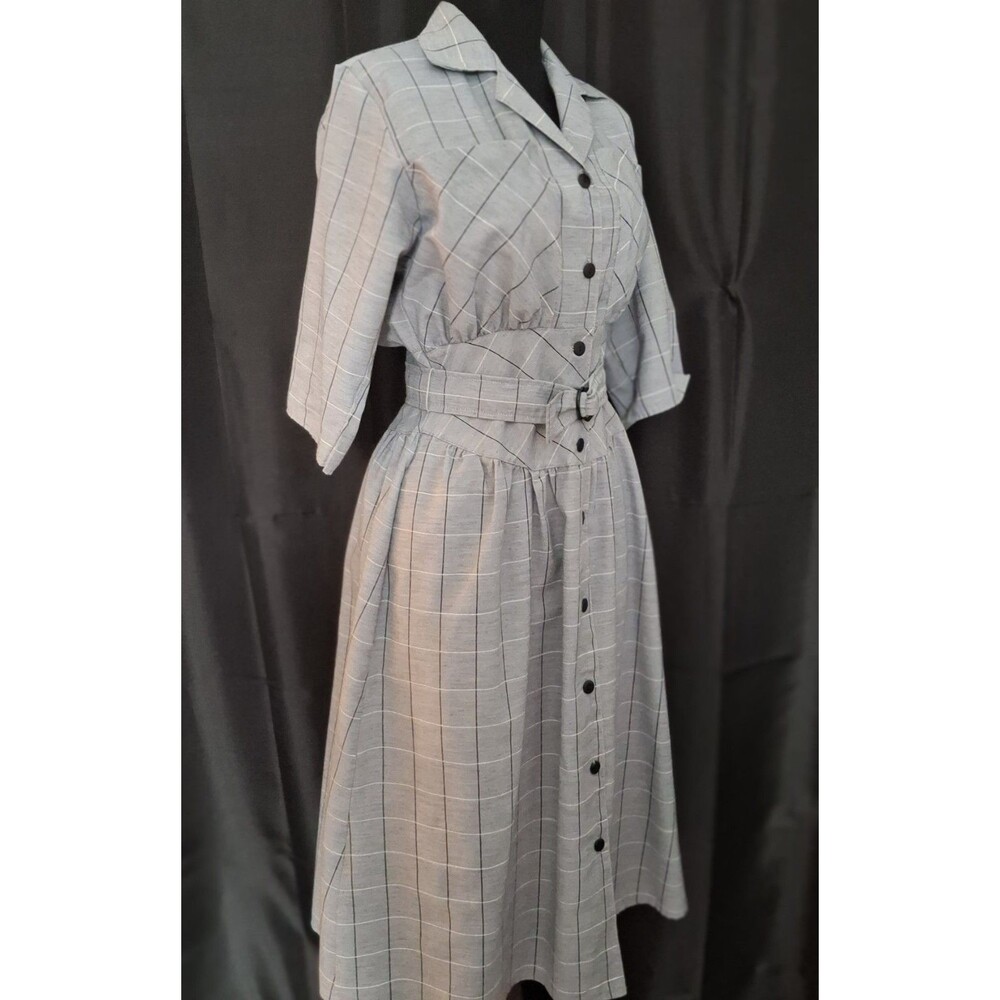 Vtg 80s womens shirtdress button down belted 3/4 sleeves wide waist full skirt M
